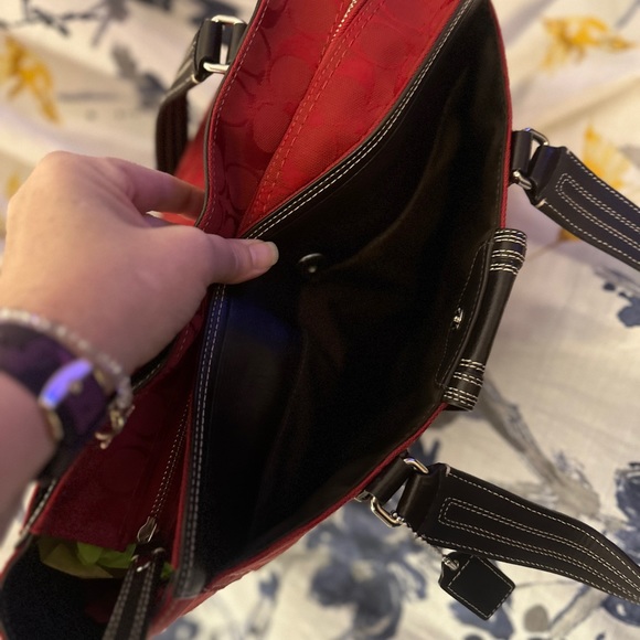 Coach Red Signature Hampton Satchel Handbag Red Leather Trim STYLE F13975. - Picture 11 of 16